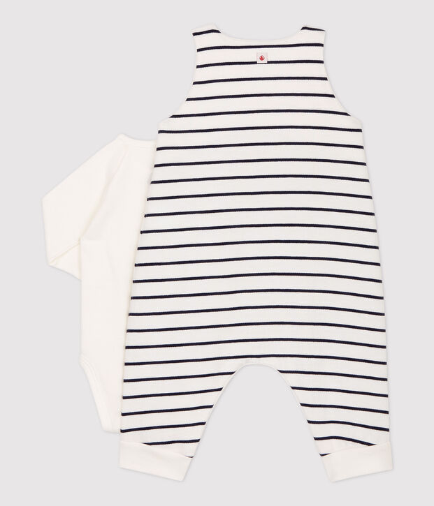 Tweedelige marini&egrave;re set voor baby's van biologisch katoen wit/blauw